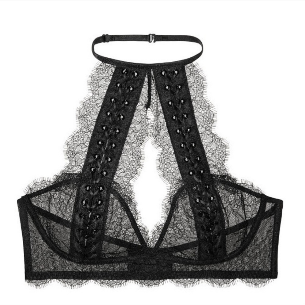 EUC VS Very Sexy Eyelash Lace Mesh Keyhole Front Halter Bralette